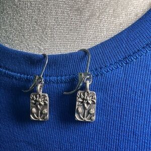 Silver Floral Rectangle Drop Earrings - Women Jewelry